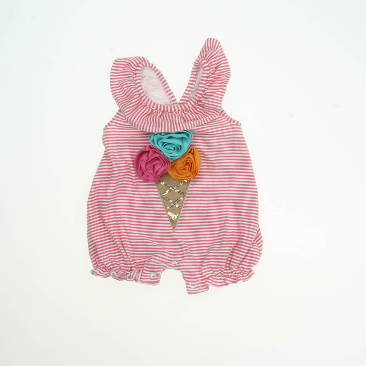 Mudpie Girls Pink & White Striped Romper Size: 9-12 Months Pink & White Striped