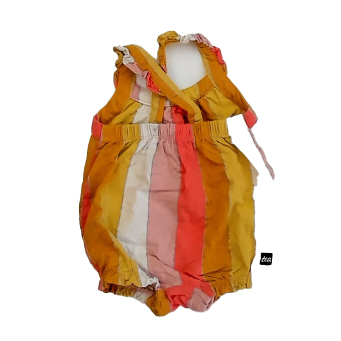 Tea Collection Girls Pink | Yellow Stripe Romper Size: 3-6 Months Pink | Yellow Stripe