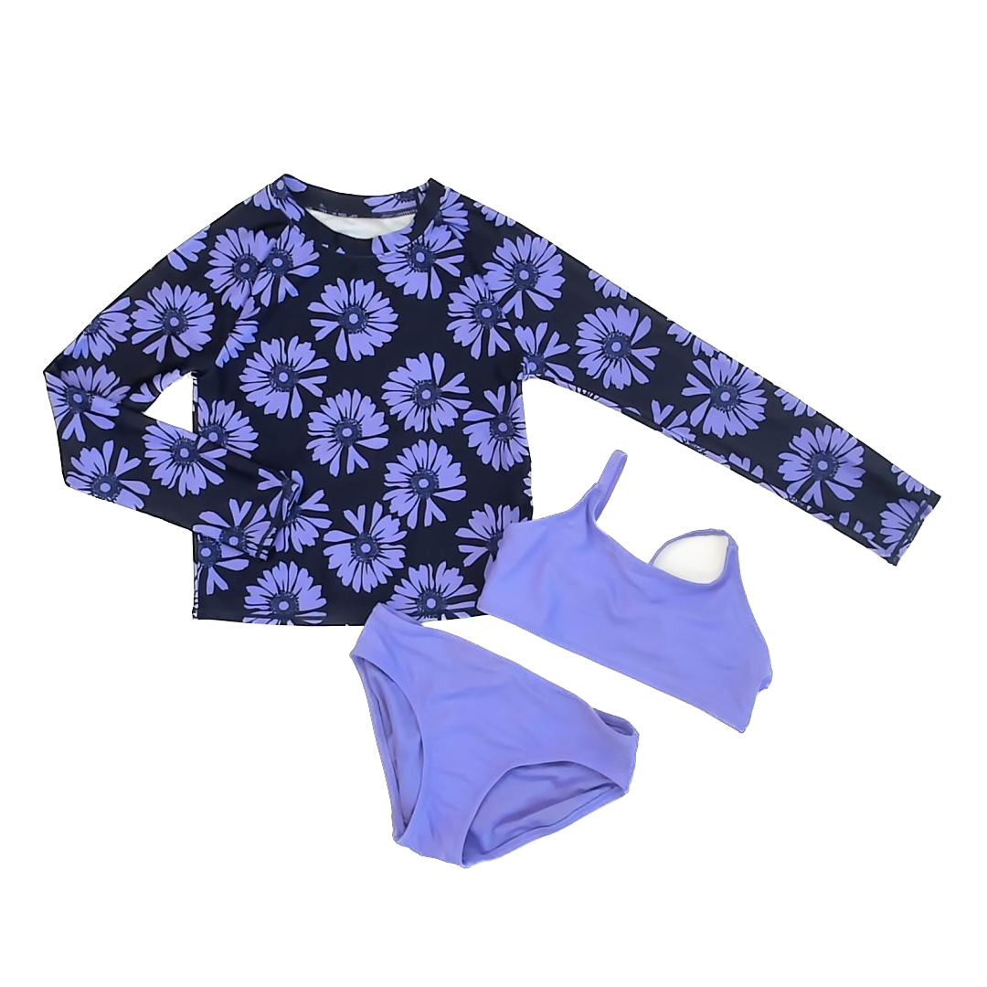 Gap Girls Purple | Black | Floral 2-piece Swimsuit Size: 6-7 Years Purple | Black | Floral