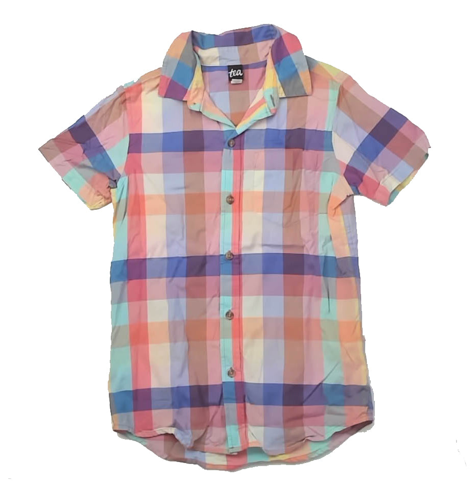 Tea Collection Boys Purple | Peach Check Button Down Short Sleeve Size: 12 Years Purple | Peach Check
