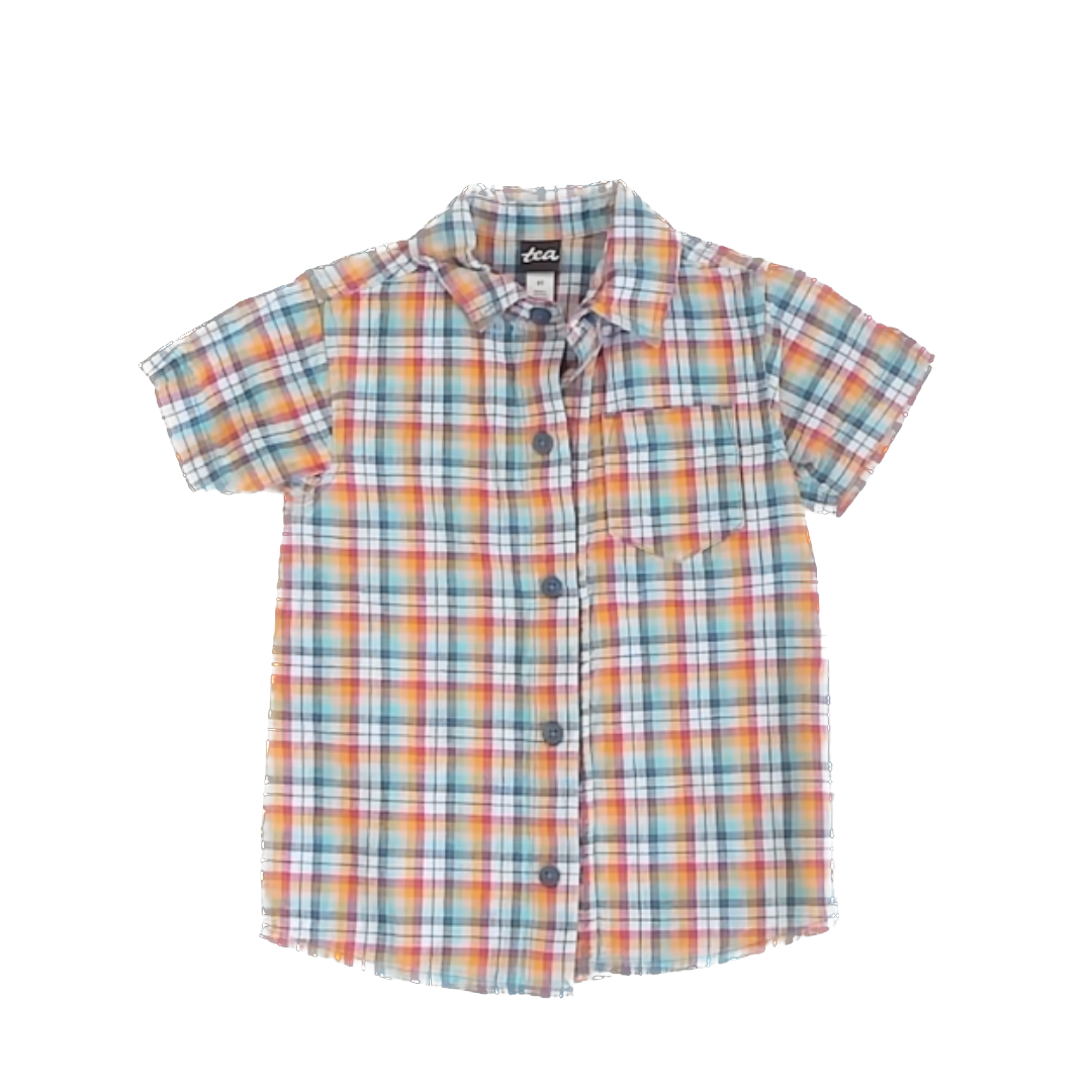 Tea Collection Boys Rainbow Flannel Button Down Short Sleeve Size: 3T Rainbow Flannel