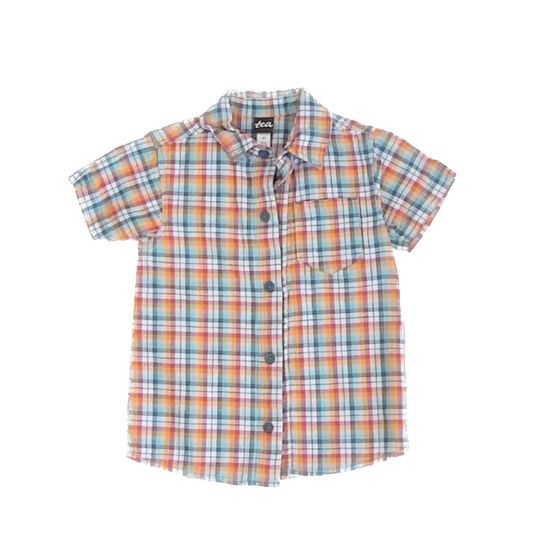 Tea Collection Boys Rainbow Flannel Button Down Short Sleeve Size: 3T Rainbow Flannel
