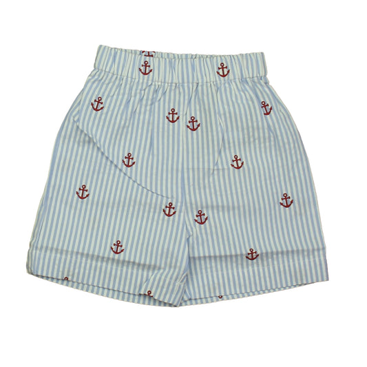 Classic Prep Boys Red Anchors on Blue Seersucker Shorts Size: 12-24 Months