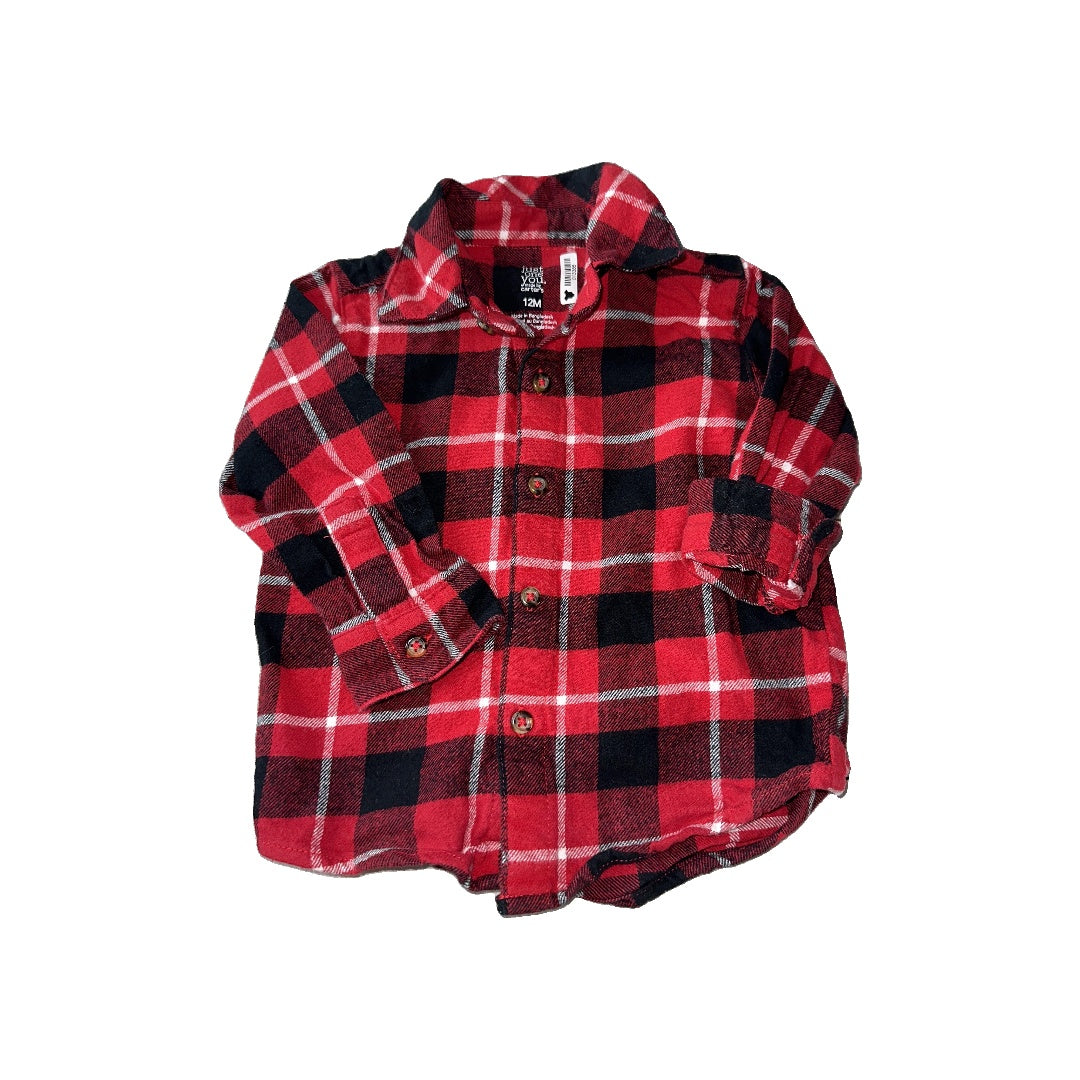 Carters Boys Red | Black Button Down Short Sleeve Size: 12 months Red | Black