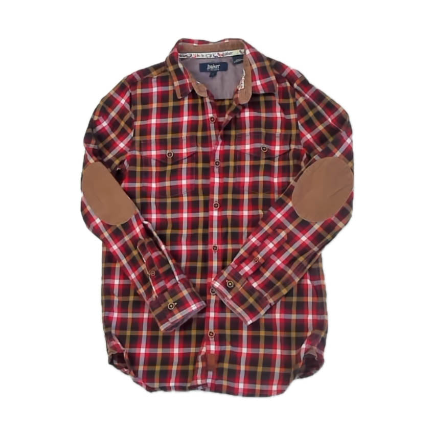 Ted Baker Boys Red |Brown Plaid Button Down Long Sleeve Size: 10 Years Red |Brown Plaid