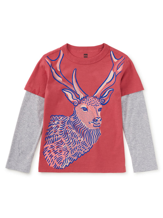 Tea Collection Boys Red Deer Layered Long Sleeve T-Shirt Size: 5T Red Deer Layered