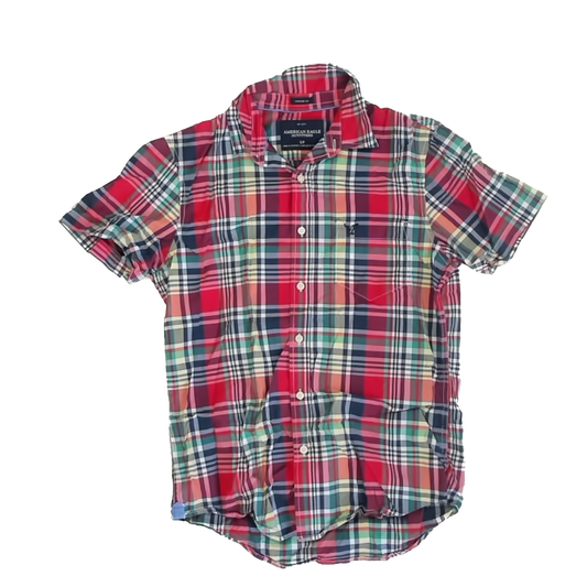American Eagle Boys Red | Green | Blue Plaid Button Down Short Sleeve Size: S Red | Green | Blue Plaid