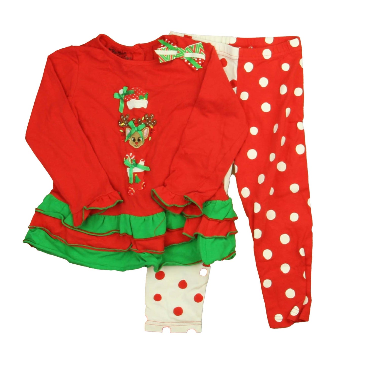 Bumble & Birdie Girls Red | Green Reindeer Apparel Sets Size: 2T Red | Green Reindeer