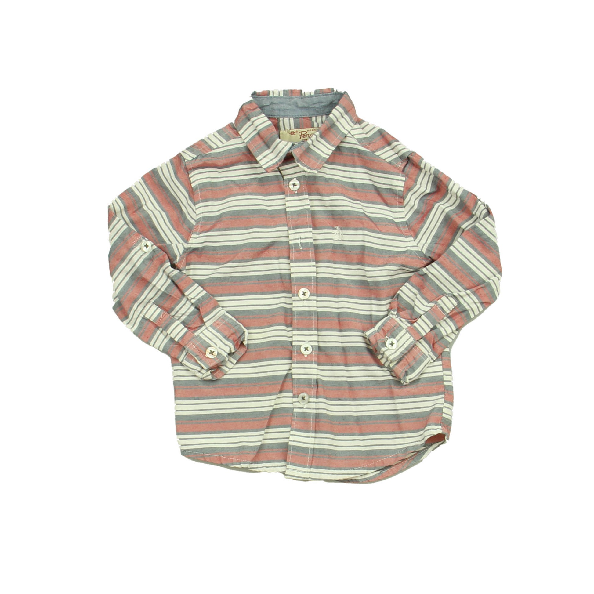 Penguin Boys Red | Grey | White | Stripes Button Down Long Sleeve Size: 2T Red | Grey | White | Stripes