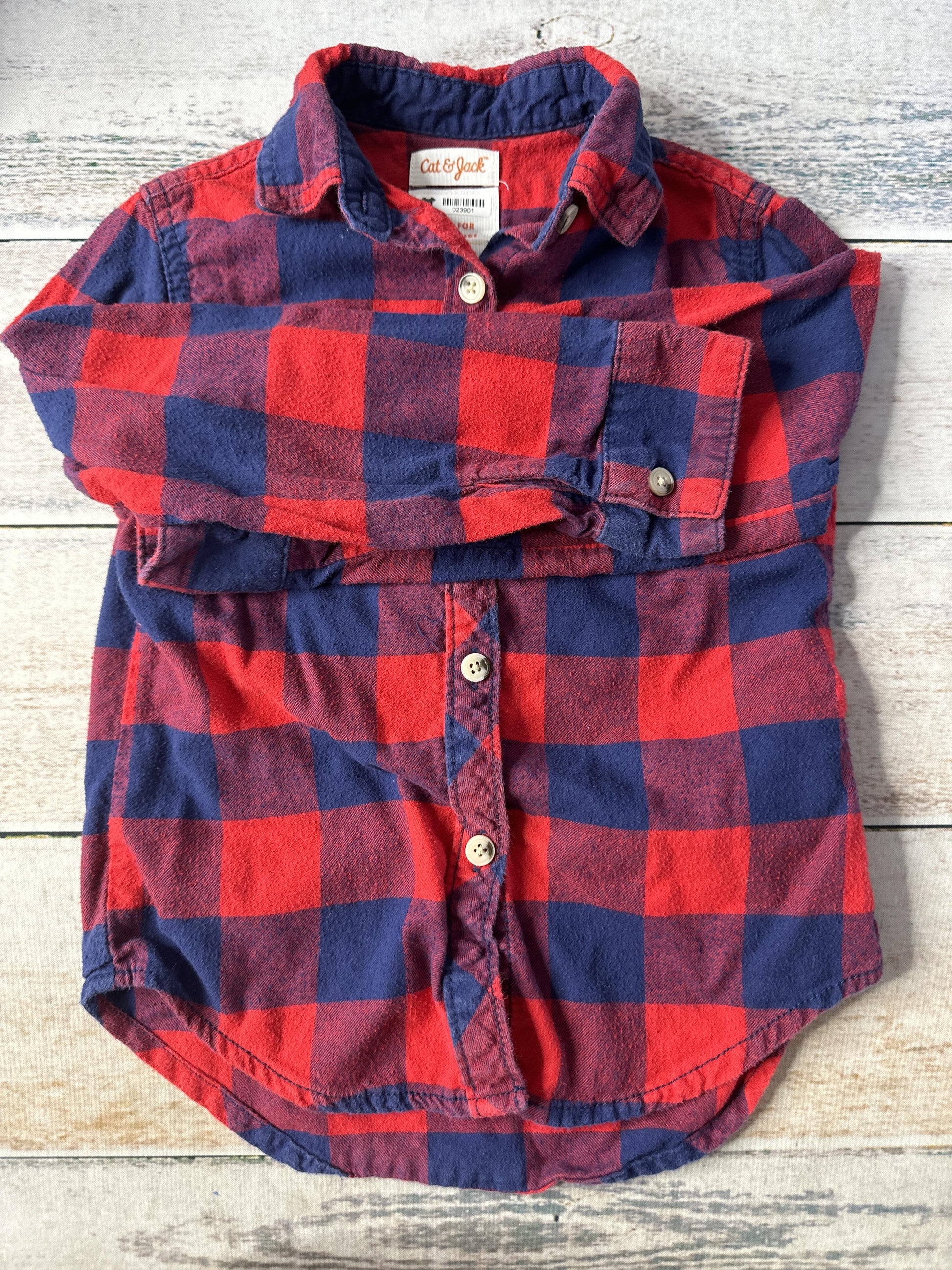 Cat & Jack Unisex Red | Navy Blue Button Down Short Sleeve Size: 4T Red | Navy Blue