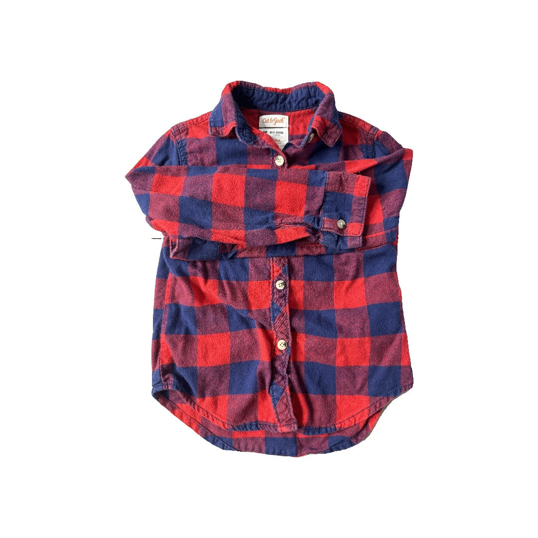 Cat & Jack Unisex Red | Navy Blue Button Down Short Sleeve Size: 4T Red | Navy Blue