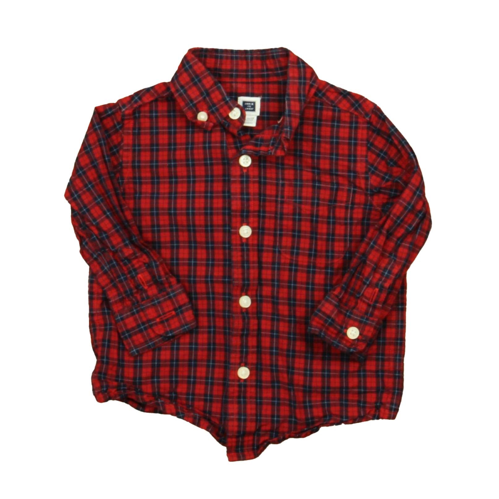 Janie & Jack Boys Red | Navy Plaid Button Down Long Sleeve Size: 6-12 Months Red | Navy Plaid