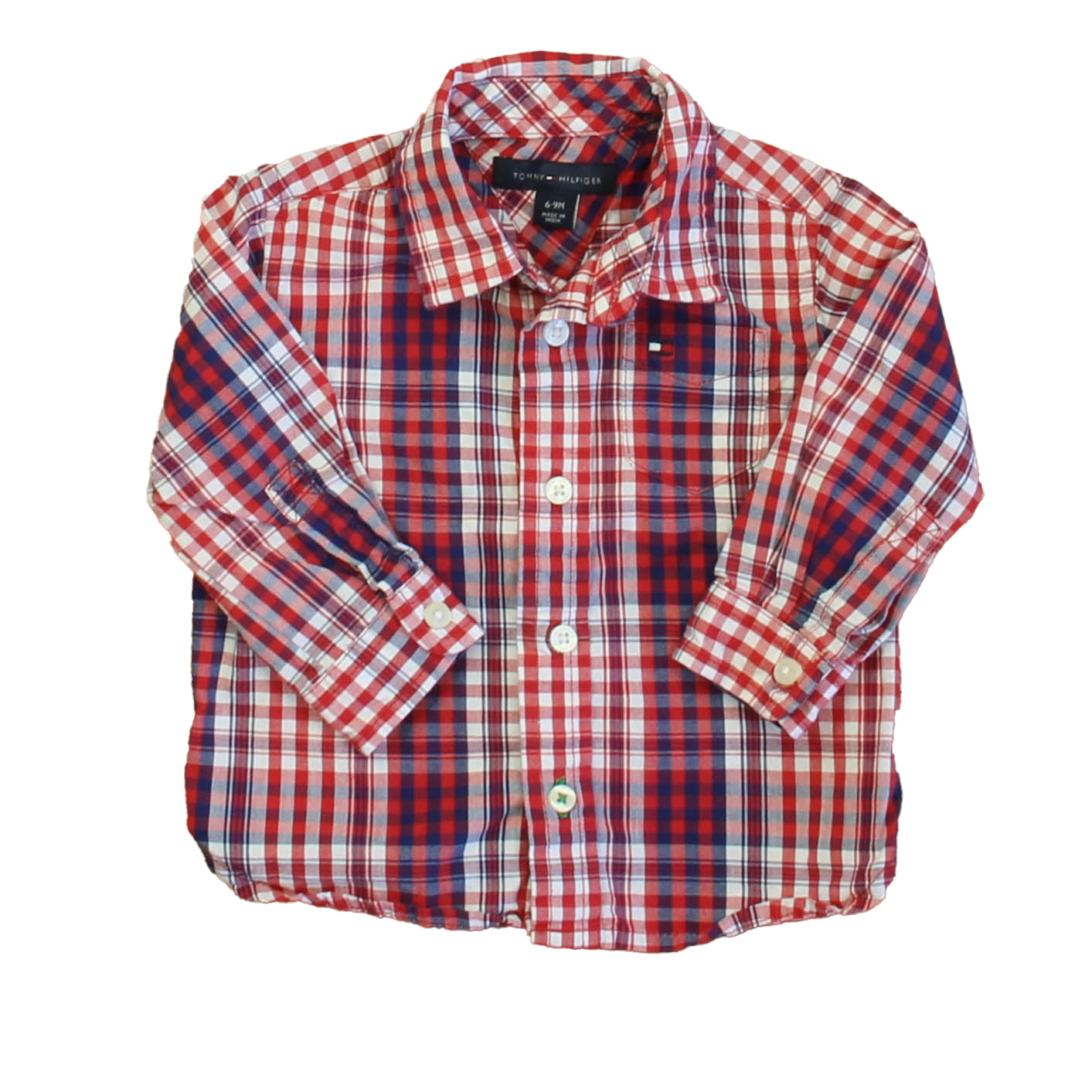 Tommy Hilfiger Boys Red | Navy Plaid Button Down Long Sleeve Size: 6-9 Months Red | Navy Plaid