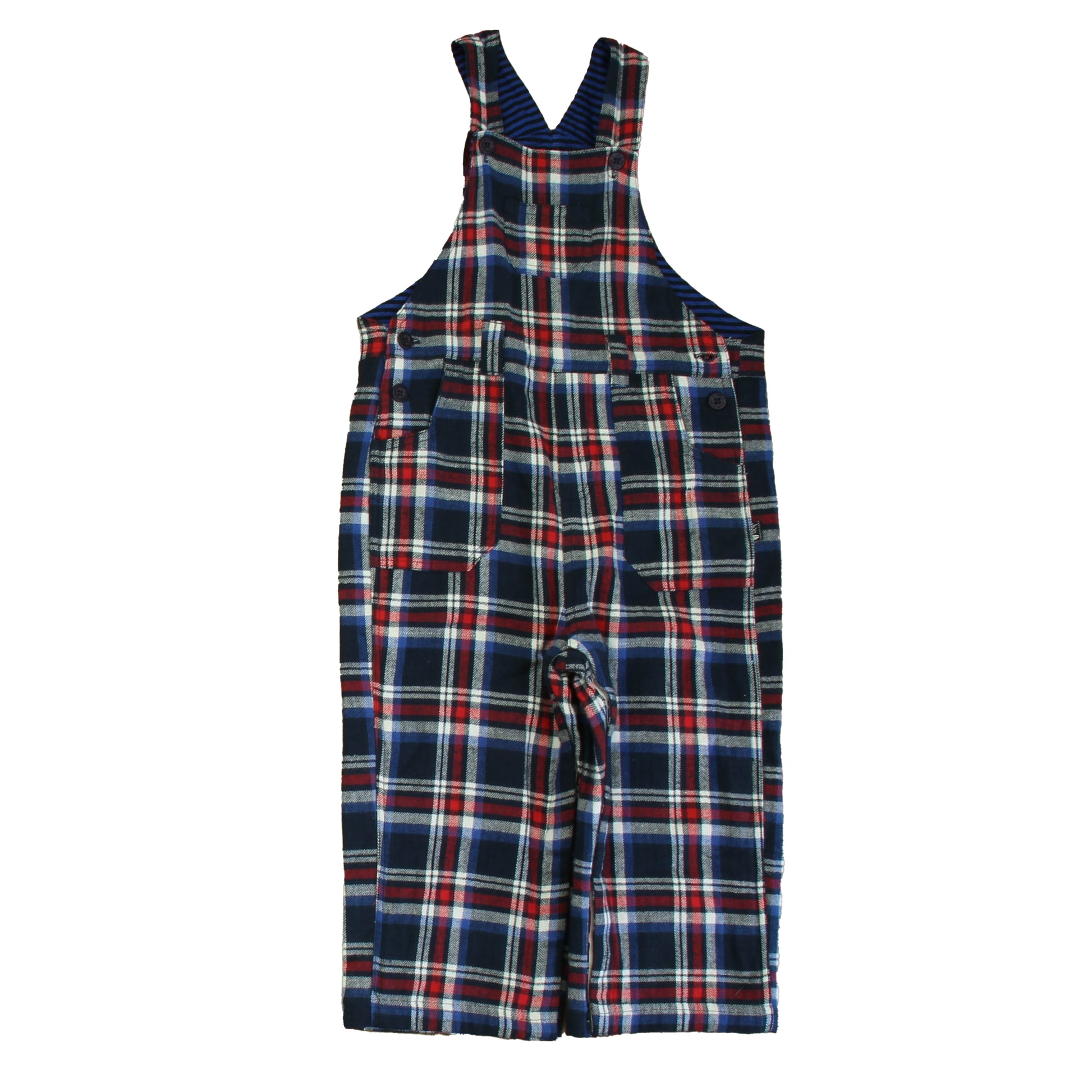 JoJo Maman Bebe Boys Red | Navy Plaid Overalls Size: 2-3T Red | Navy Plaid