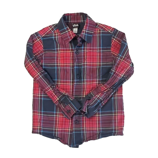 Tea Collection Boys Red | Navy Plaid Button Down Long Sleeve Size: 4T Red | Navy Plaid