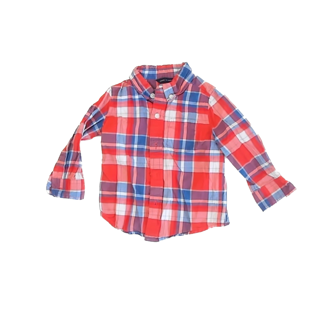 Janie and Jack Boys Red Plaid Button Down Long Sleeve Size: 18 Months Red Plaid