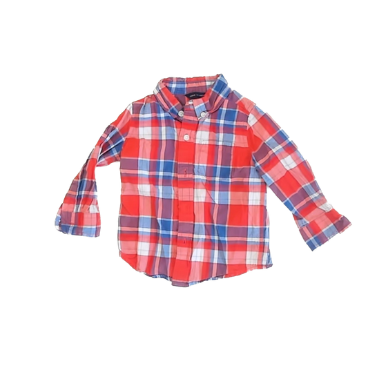 Janie and Jack Boys Red Plaid Button Down Long Sleeve Size: 18 Months Red Plaid