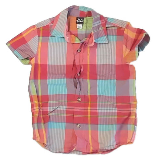 Tea Collection Boys Red Plaid Button Down Short Sleeve Size: 4T Red Plaid