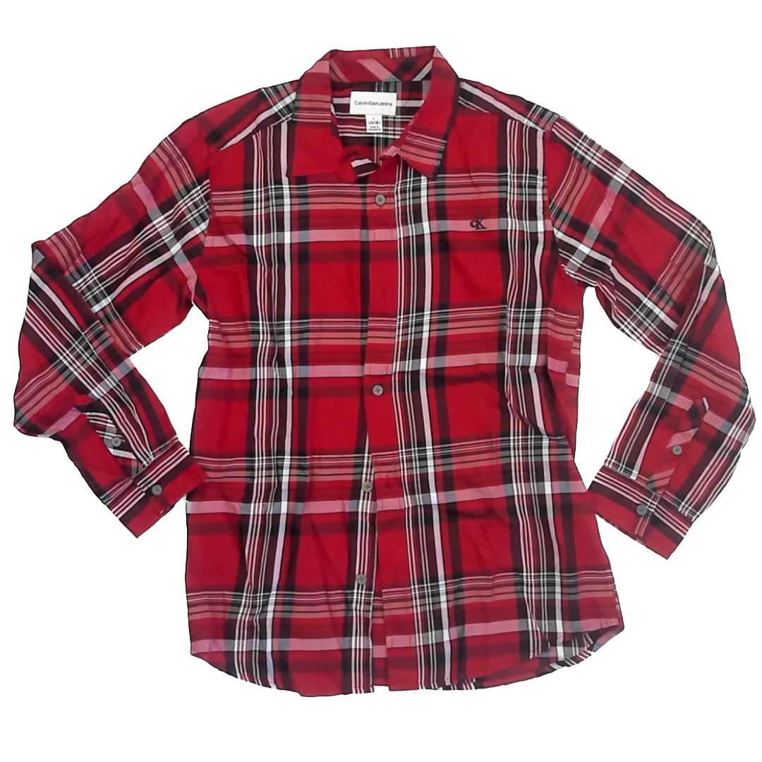 Calvin Klein Jeans Boys Red Plaid Button Down Long Sleeve Size: 14-16 Years Red Plaid