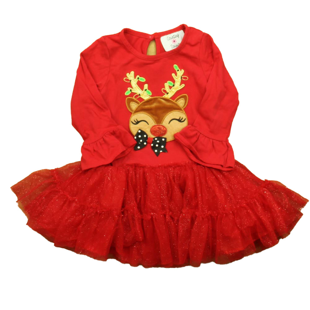 Counting Daisies Girls Red Reindeer Dress Size: 2T Red Reindeer