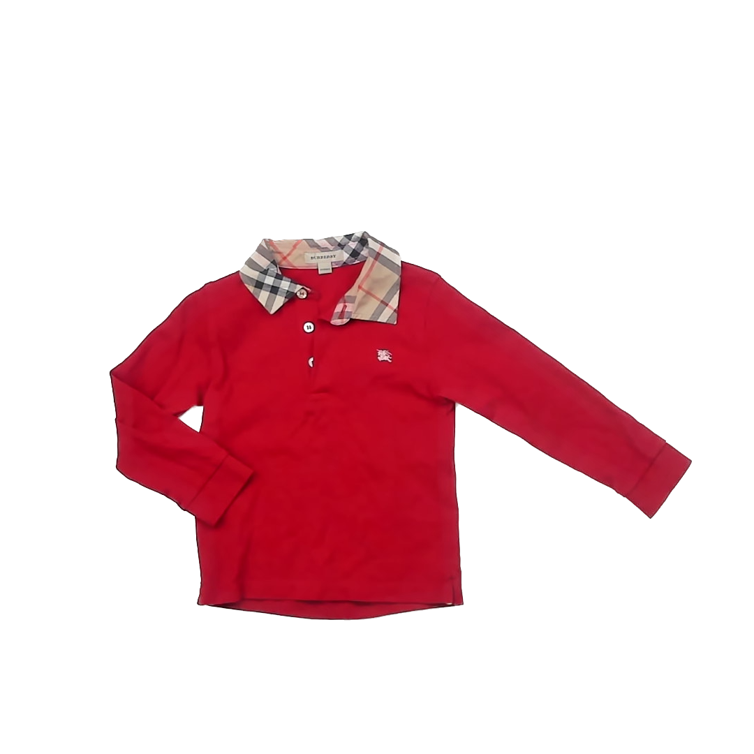 Burberry Boys Red | Tan Plaid Polo Shirt Size: 4T Red | Tan Plaid