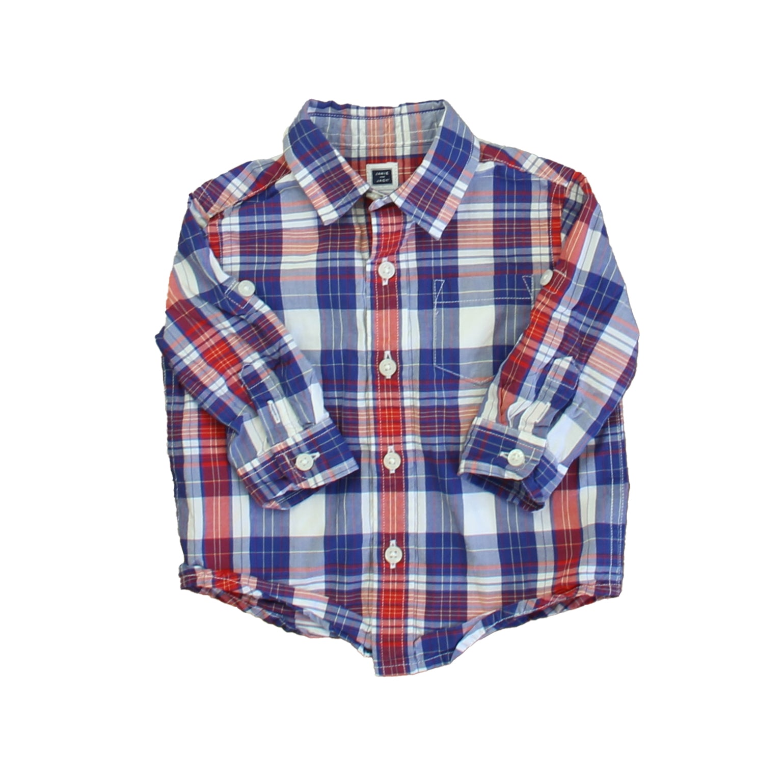 Janie and Jack Boys Red | White | Blue Plaid Button Down Long Sleeve Size: 3-6 Months Red | White | Blue Plaid