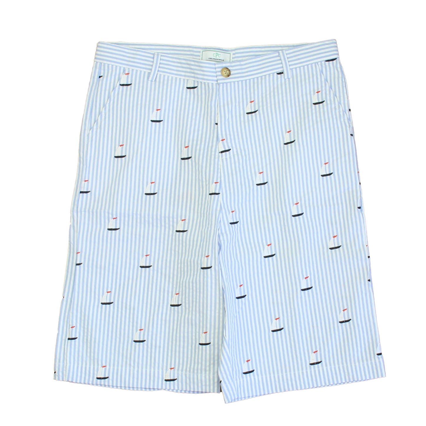 Classic Prep Boys Sailboats on Blue Seersucker Shorts Size: 6-14 Years