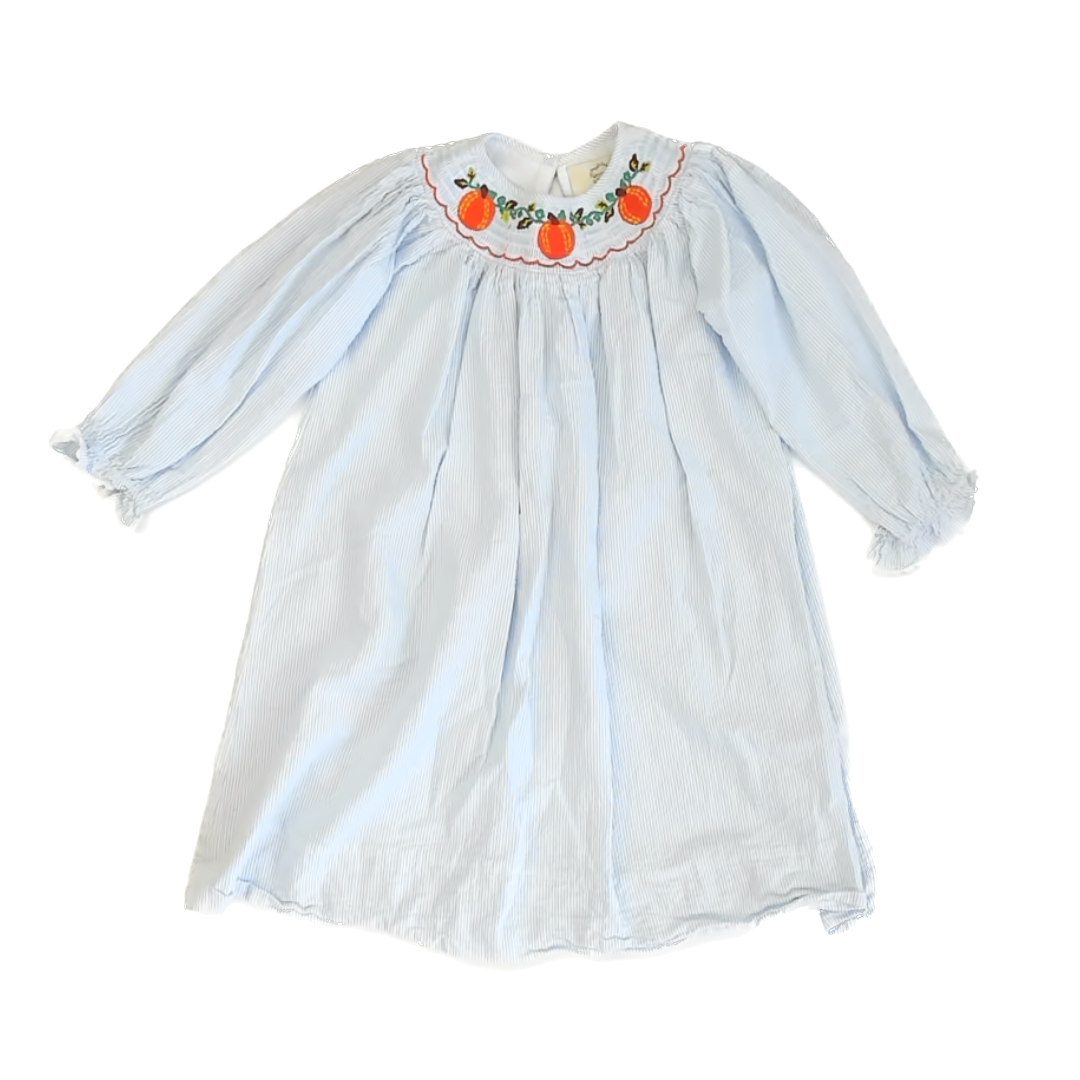 Honeydew Girls Seersucker | Smocked Pumpkins Dress Size: 5T Seersucker | Smocked Pumpkins