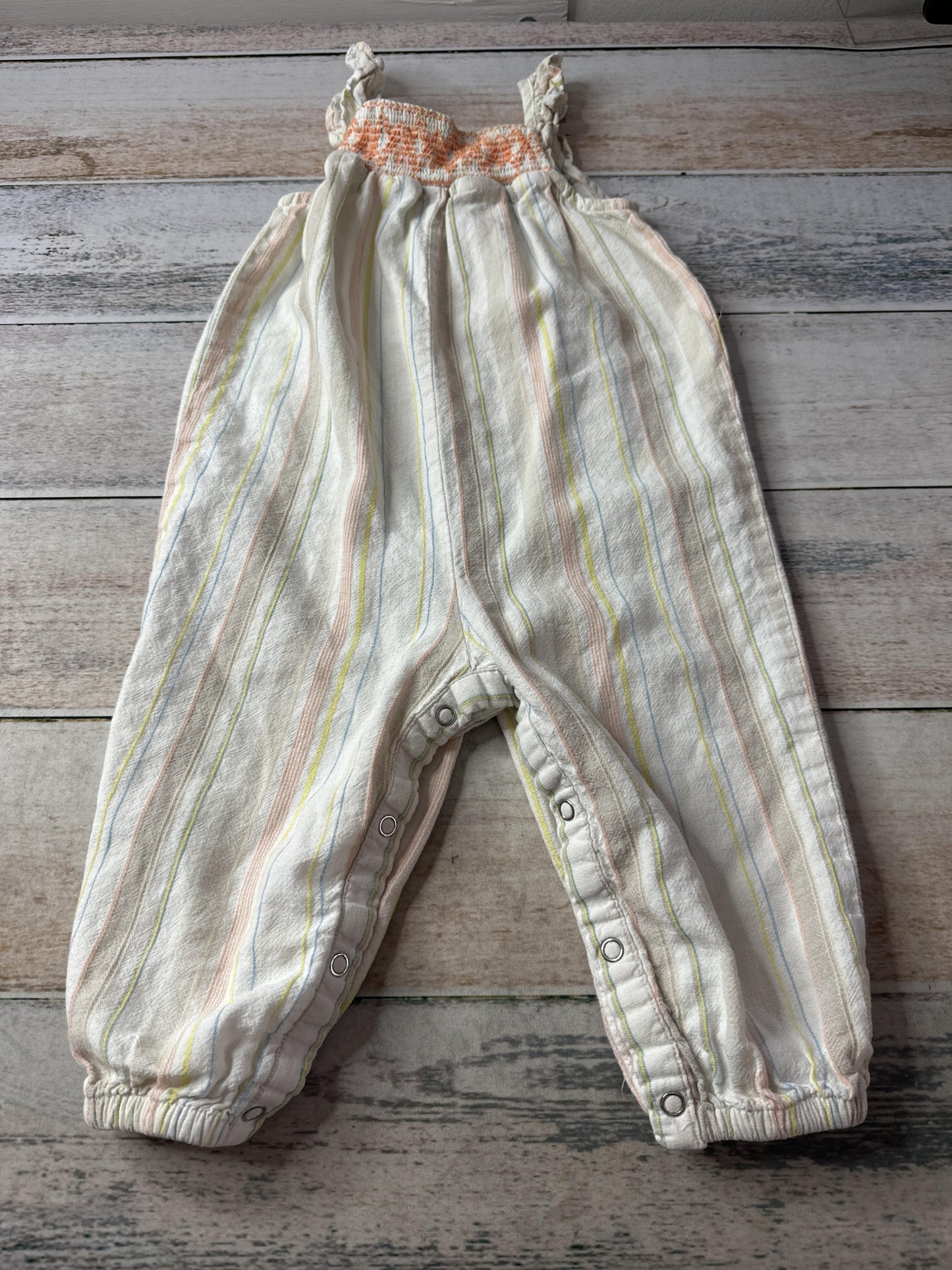 Art Class Girls Stripe | Tan | White | Coral | Blue | light green Romper Size: 18 months Stripe | Tan | White | Coral | Blue | light green