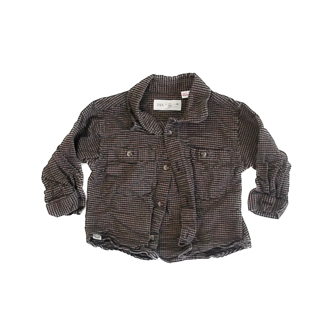 Zara Boys Tan | Black Flannel Button Down Long Sleeve Size: 18 Months Tan | Black Flannel