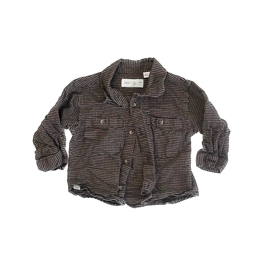 Zara Boys Tan | Black Flannel Button Down Long Sleeve Size: 18 Months Tan | Black Flannel