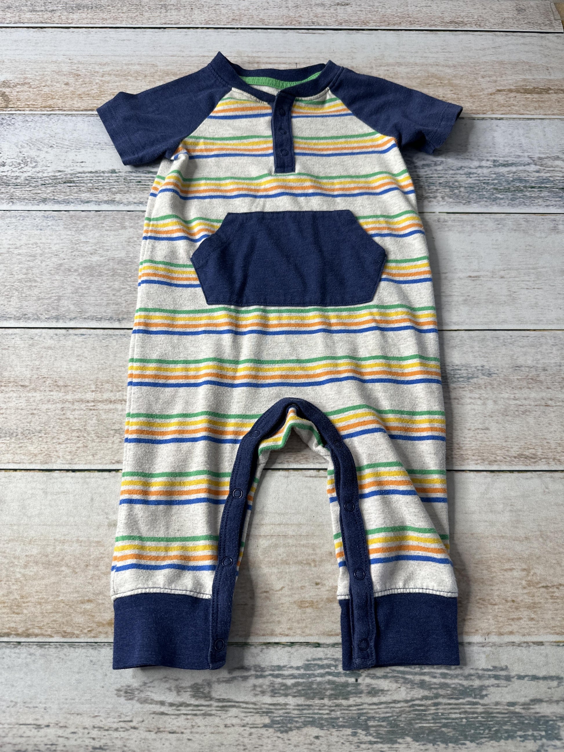 Cat & Jack Boys Tan | Navy Blue | Stripe Romper Size: 6-9 months Tan | Navy Blue | Stripe