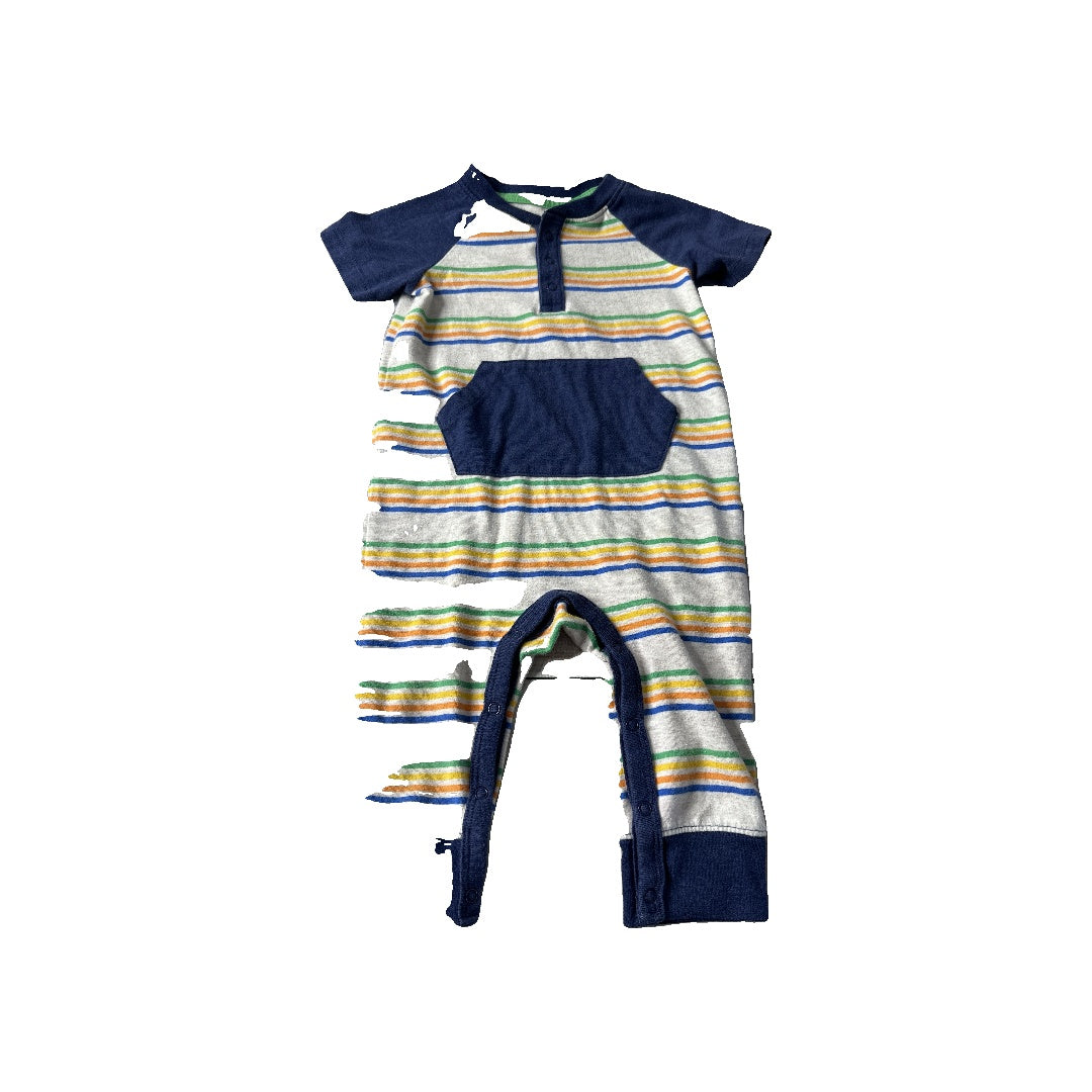 Cat & Jack Boys Tan | Navy Blue | Stripe Romper Size: 6-9 months Tan | Navy Blue | Stripe