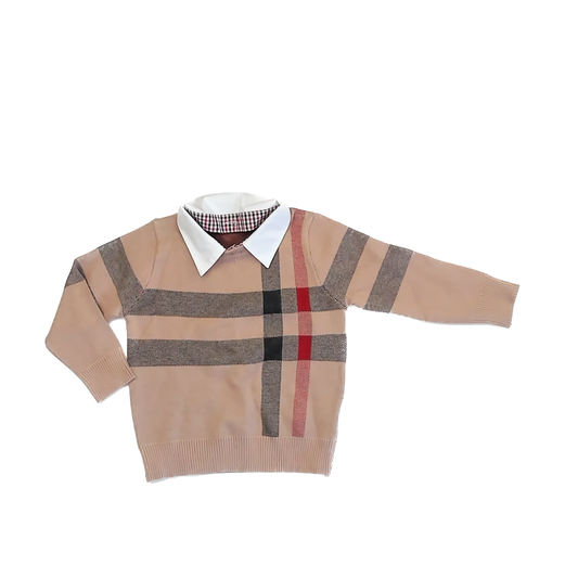 Little Good Humans Boys Tan | Red | Black Plaid Sweater Size: 4T Tan | Red | Black Plaid