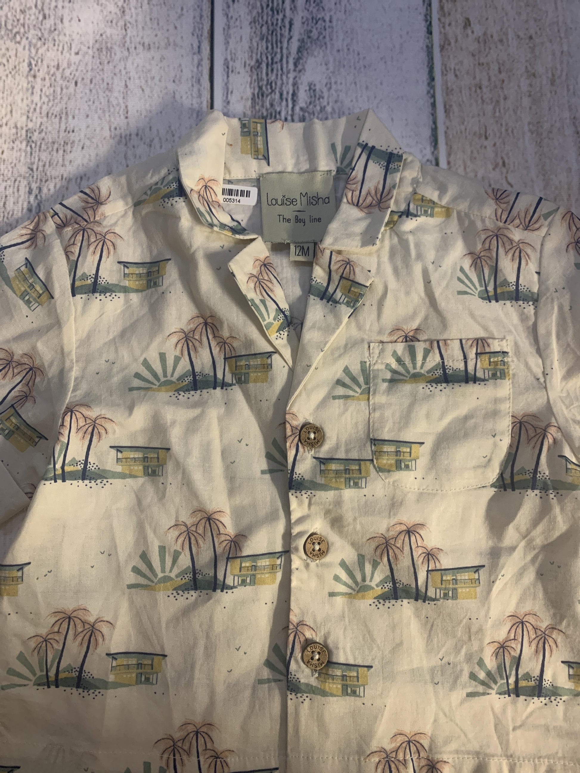 Louise Misha Boys Tan | Retro | Tropical Button Down Short Sleeve Size: 12M Tan | Retro | Tropical