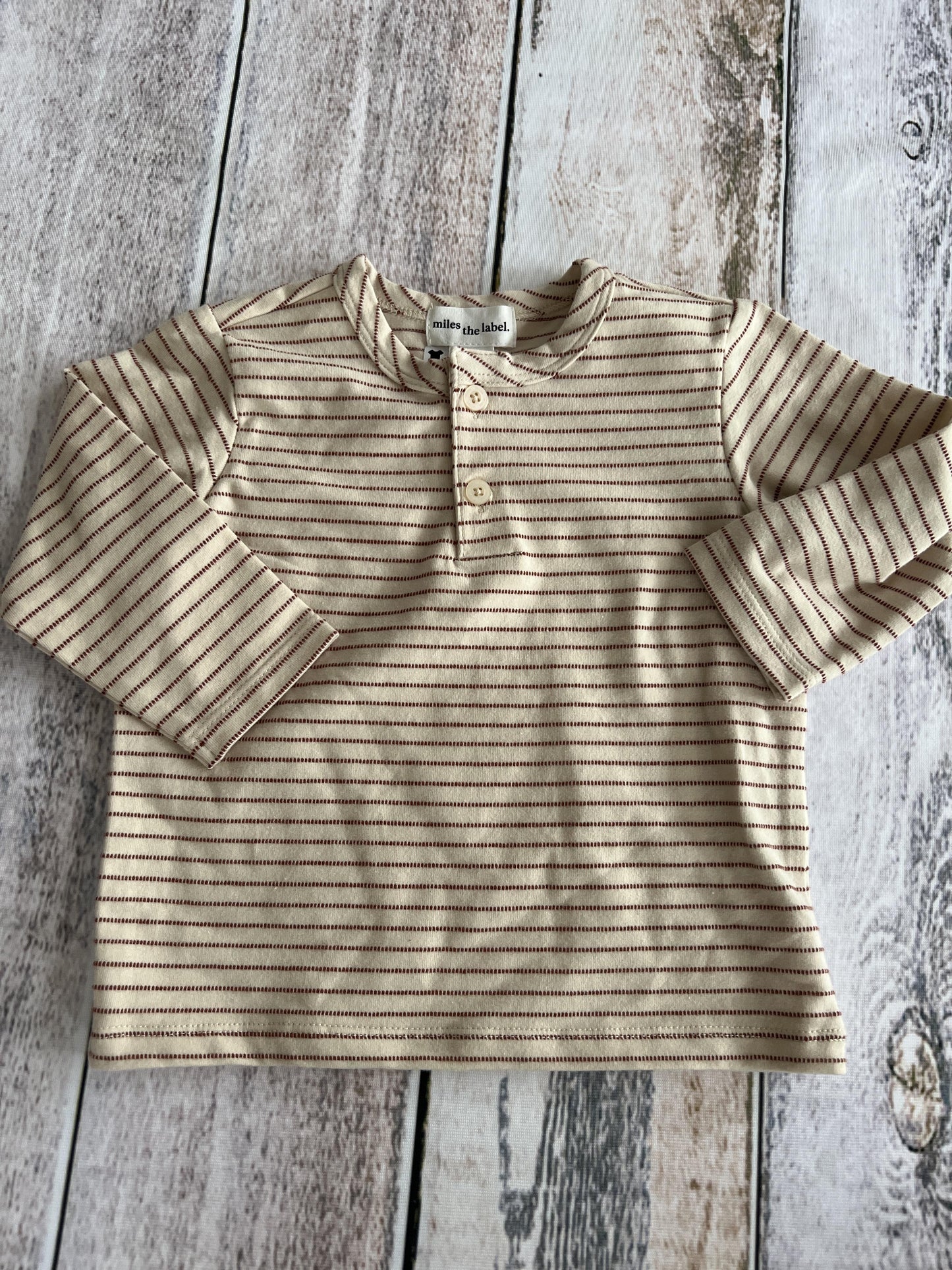 Miles Boys Tan | Stripe Long Sleeve Shirt Size: 9 months Tan | Stripe