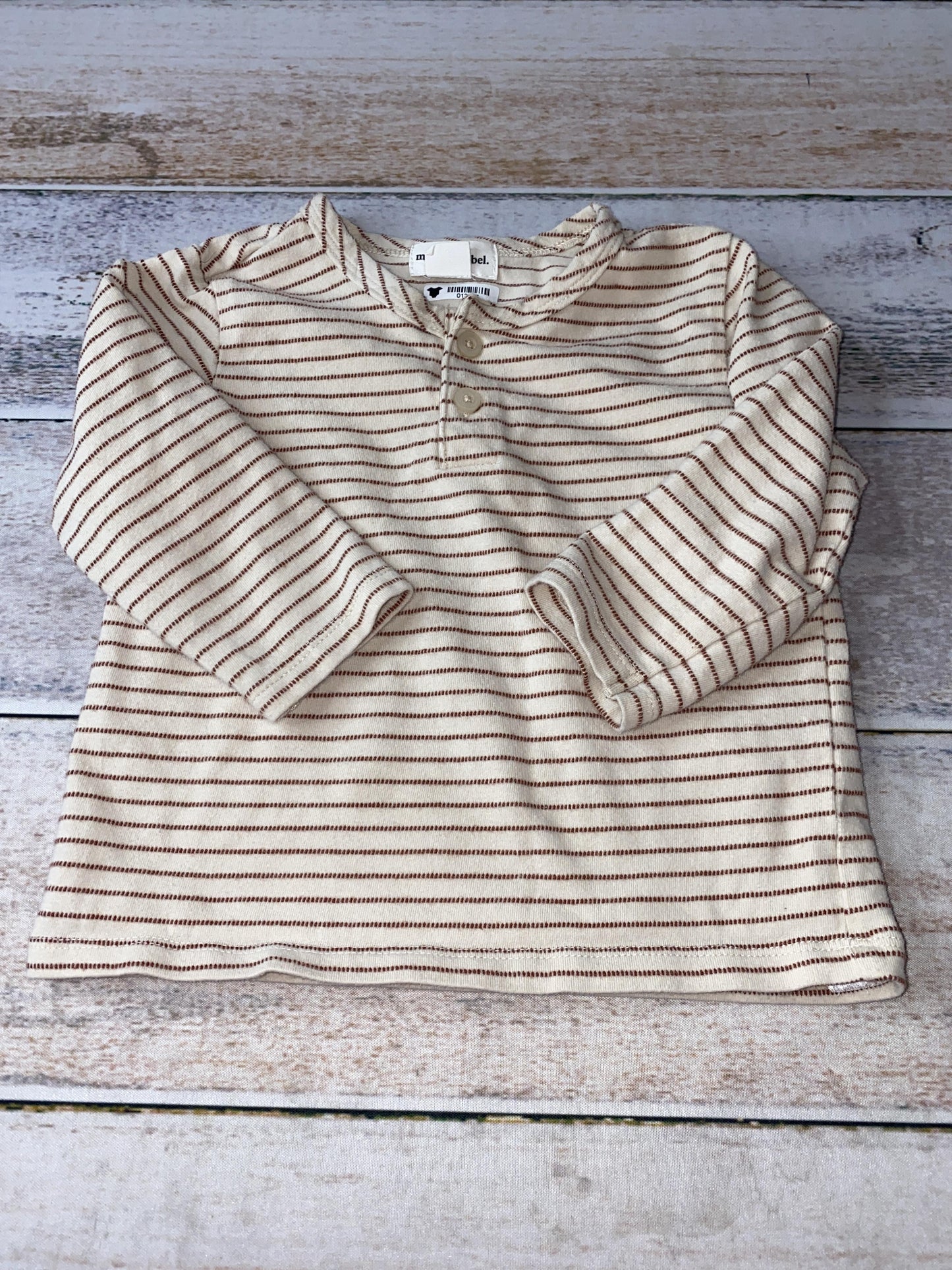 Miles Boys Tan | Stripe Long Sleeve Shirt Size: 12M Tan | Stripe