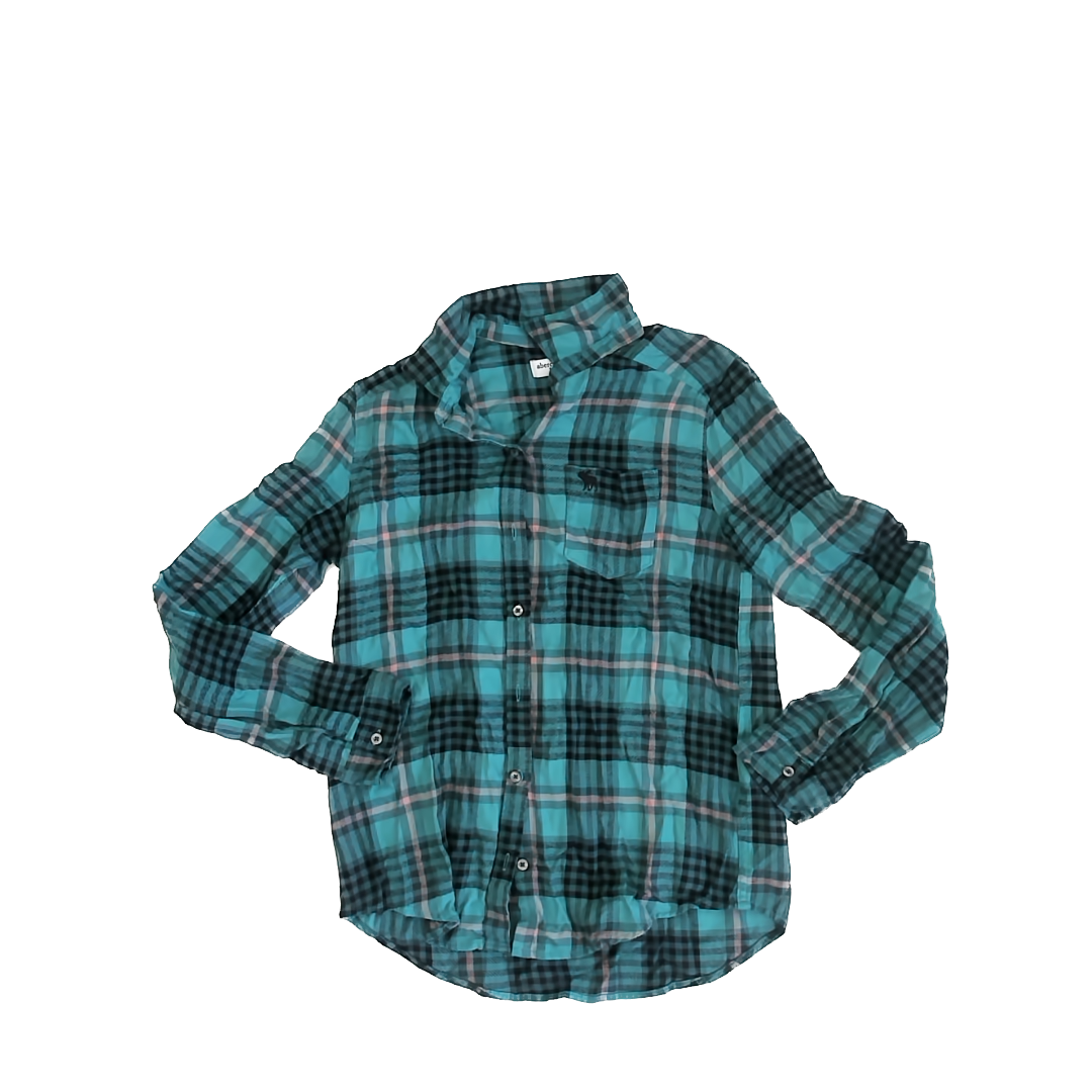Abercrombie Kids Girls Teal | Black Plaid Button Down Long Sleeve Size: 13/14 Teal | Black Plaid