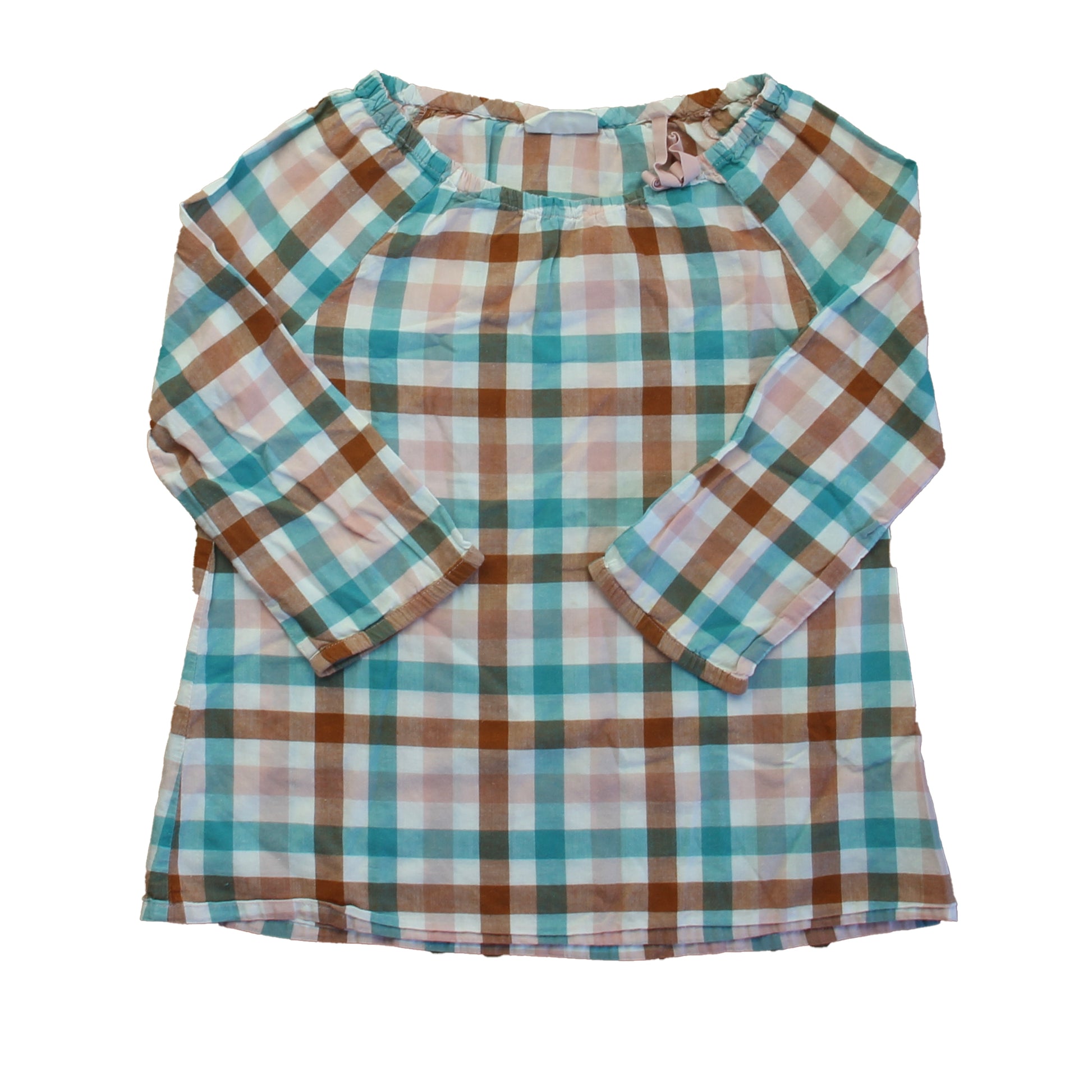 Boden Girls Teal | Brown Check Blouse Size: 7-8 Years Teal | Brown Check