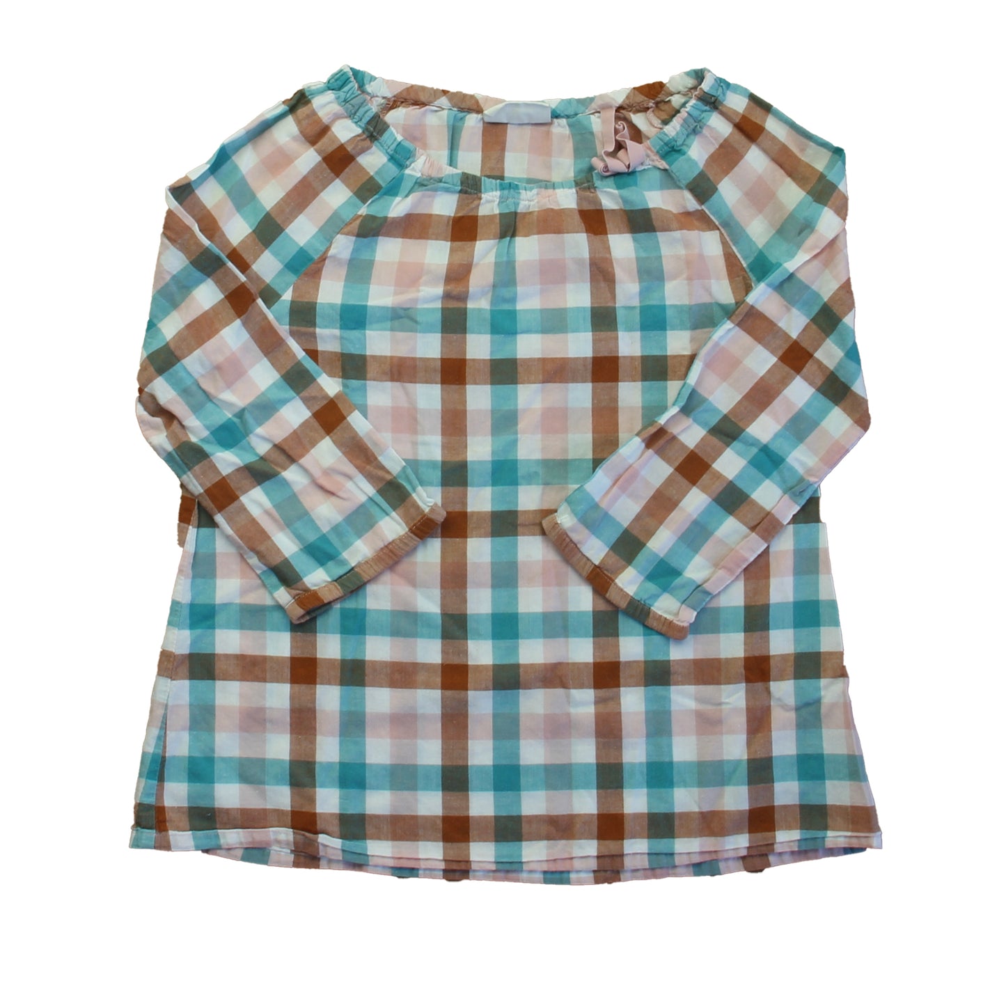 Boden Girls Teal | Brown Check Blouse Size: 7-8 Years Teal | Brown Check