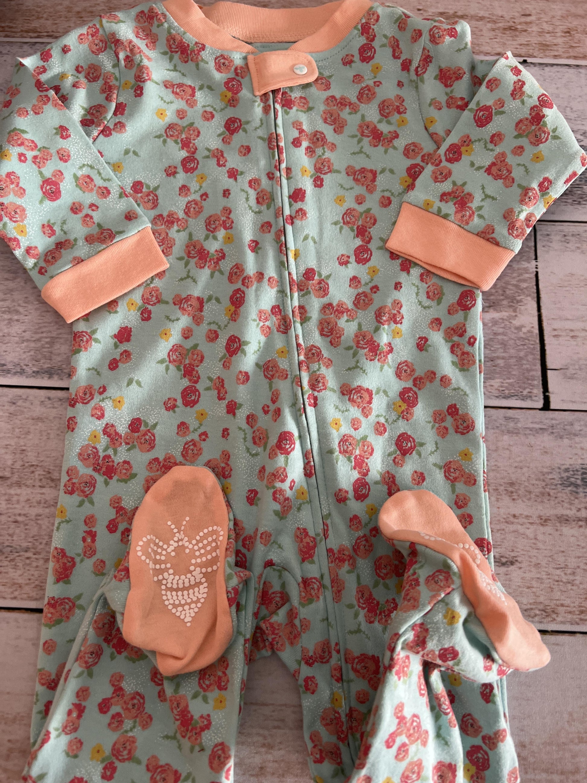 Burt's Bees Girls Teal | Coral | Flowers Pajamas Size: 6-9 months Teal | Coral | Flowers