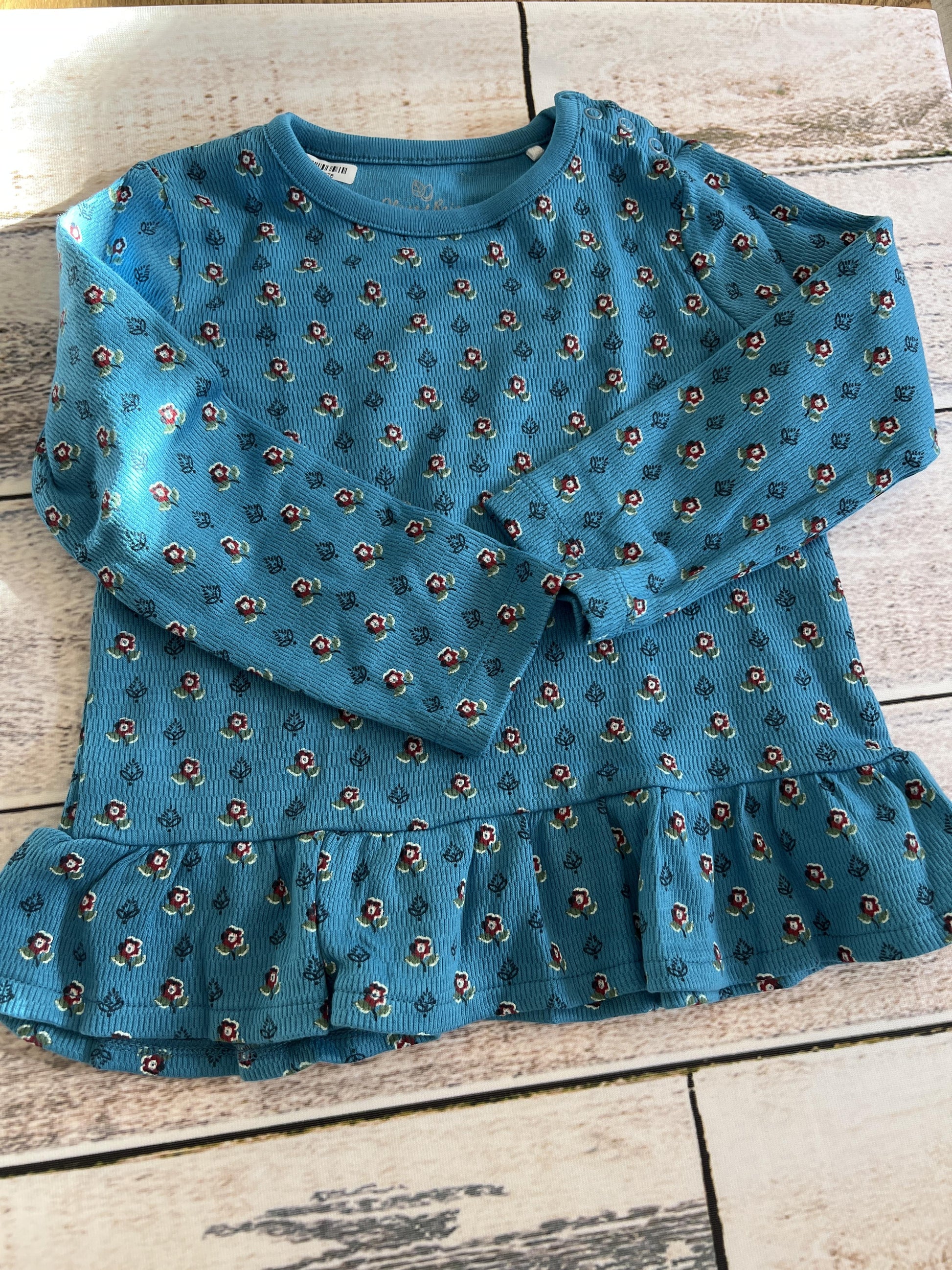 Oliver & Rain Girls Teal | Pink floral Long Sleeve Shirt Size: 24 months Teal | Pink floral