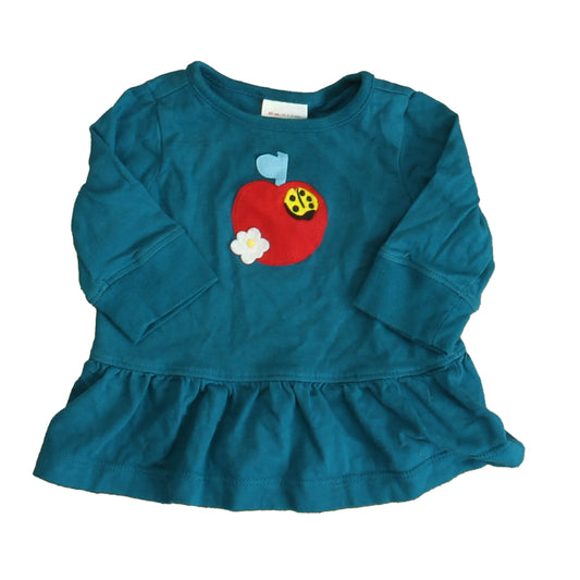 Hanna Andersson Girls Teal | Red Apple Long Sleeve T-Shirt Size: 3-6 Months Teal | Red Apple