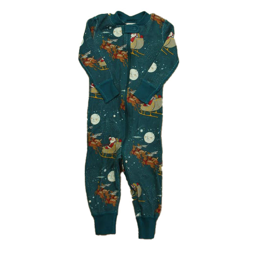 Hanna Andersson Boys Teal Santa 1-piece Non-footed Pajamas Size: 12-18 Months