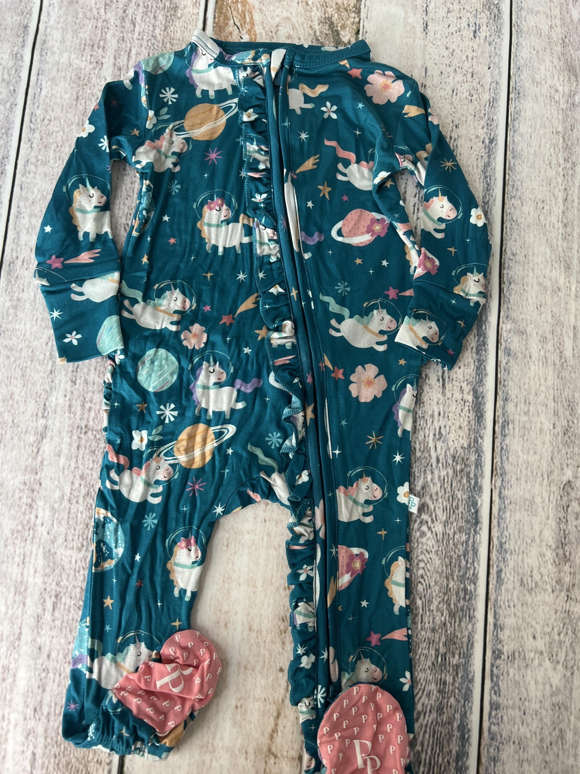 Posh Peanut Girls Teal | Space | Unicorns Pajamas Size: 6-9 months Teal | Space | Unicorns