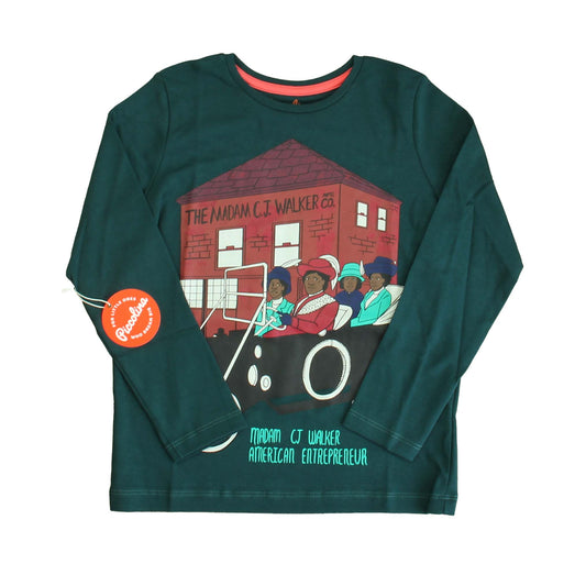 Piccolina Boys Teal Trailblazer | Madam CJ Walker Long Sleeve T-Shirt Size: 2-5T