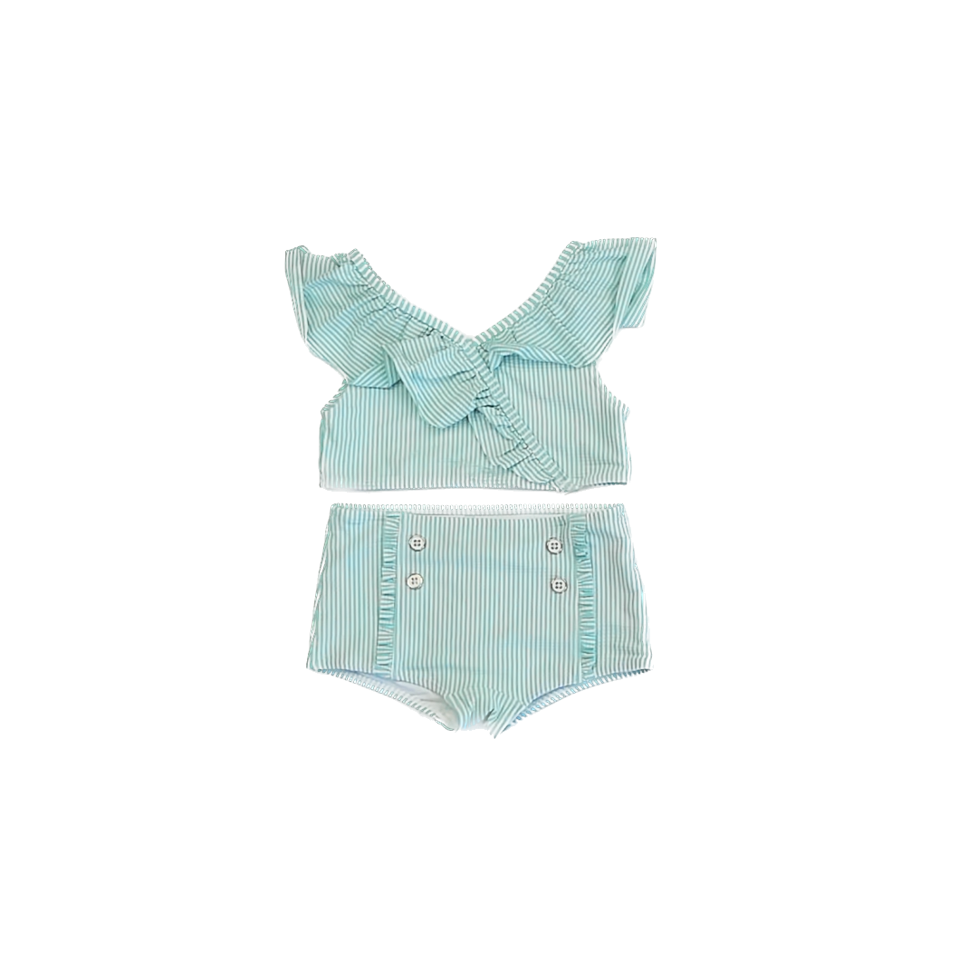Janie and Jack Girls Teal | White Stripe 2-piece Swimsuit Size: 7 Years Teal | White Stripe