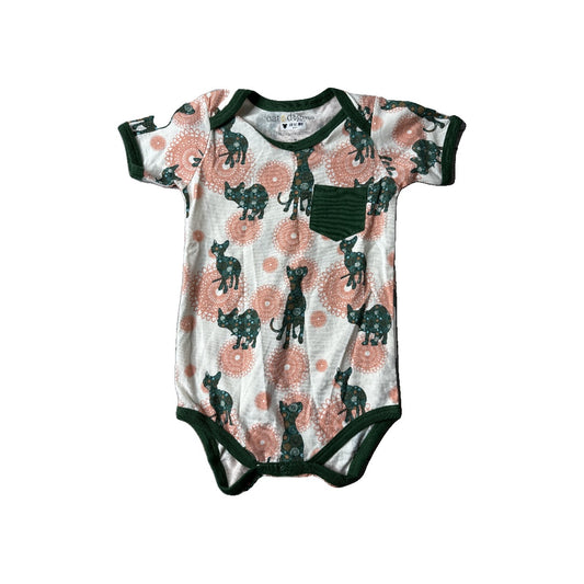 Cat & Dogma Girls Whimsical | Cat | pink | green Onesie Size: 18-24 months Whimsical | Cat | pink | green