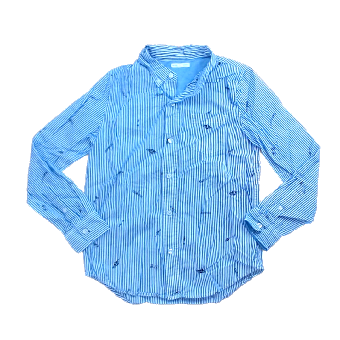 Rockets Of Awesome Boys White and Blue Stripes \ Black Space Icons Button Down Long Sleeve Size: 4 - 5 Years White and Blue Stripes \ Black Space Icons