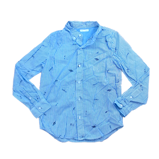 Rockets Of Awesome Boys White and Blue Stripes \ Black Space Icons Button Down Long Sleeve Size: 4 - 5 Years White and Blue Stripes \ Black Space Icons